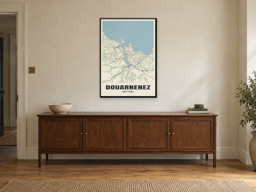 Douarnenez Street Map Poster at A1, in a black frame, above a sideboard