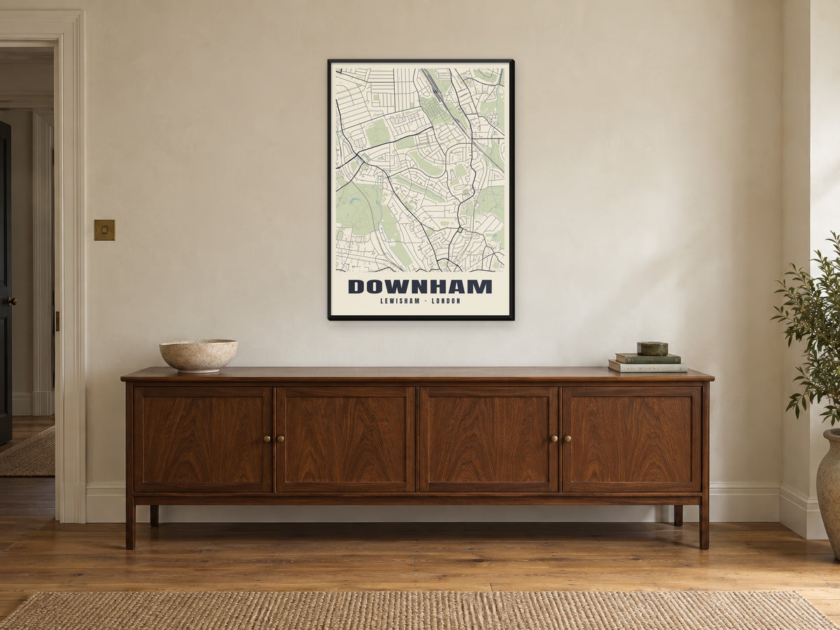 Downham Heritage Street Map Poster at A1, in a black frame, above a sideboard