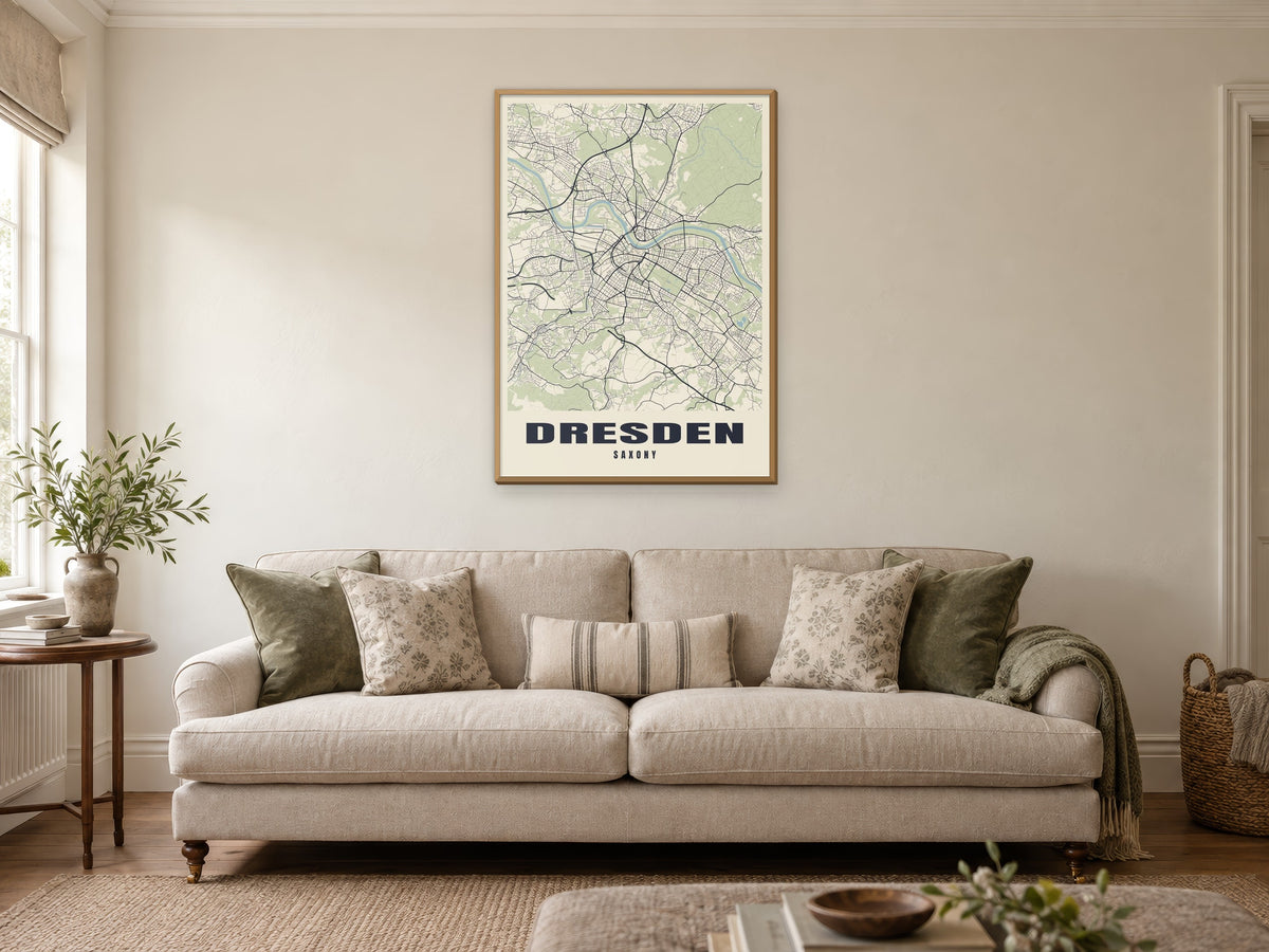 Dresden Street Map Poster at A1, in a natural wood frame, in a sitting room