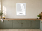 Duck Downtown Street Map Poster at A1, in a white frame, in a kitchen