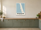 Duck Street Map Poster at A1, in a white frame, in a kitchen