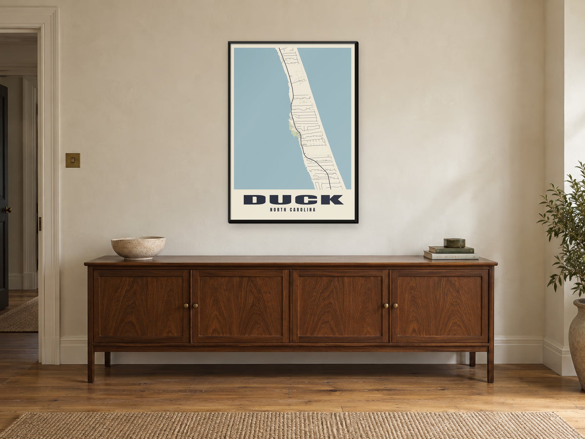 Duck Street Map Poster at A1, in a black frame, above a sideboard