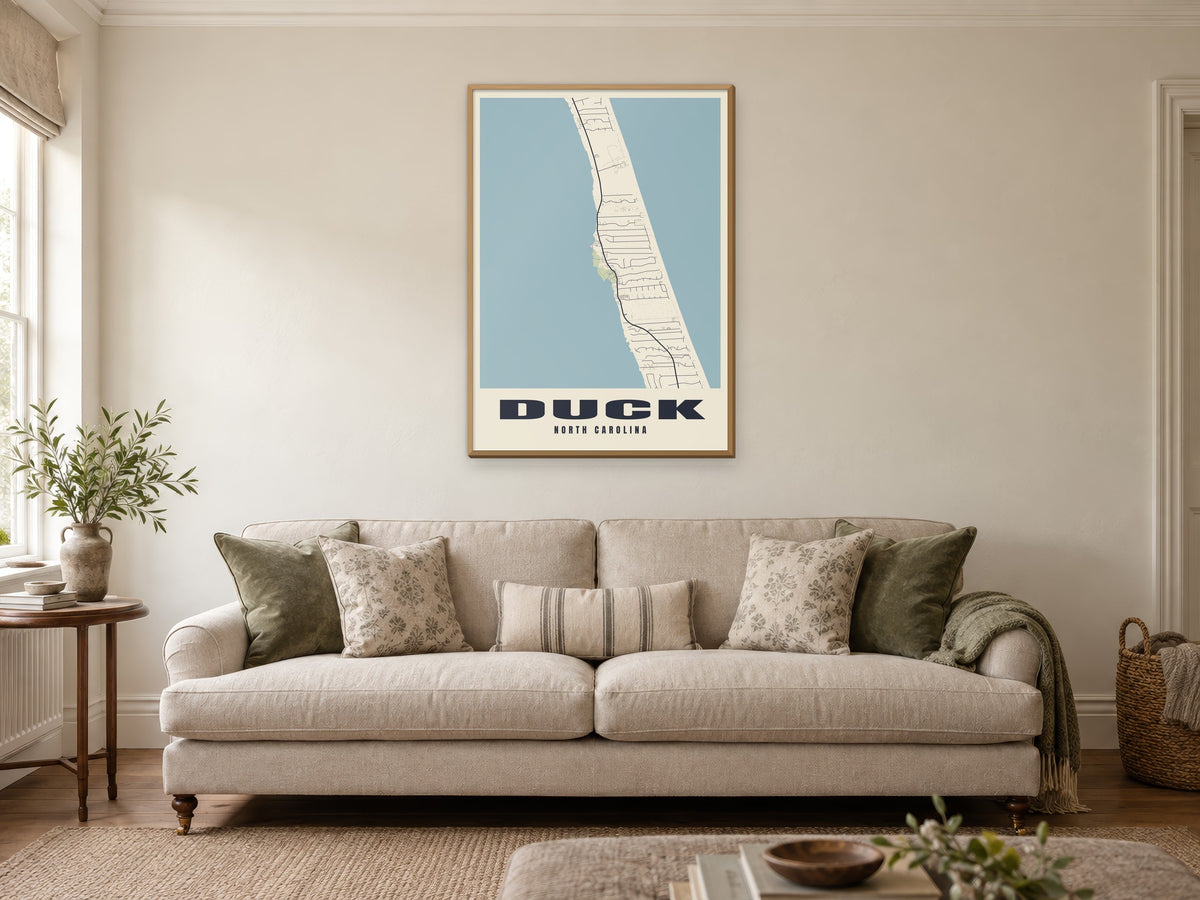 Duck Street Map Poster at A1, in a natural wood frame, in a sitting room