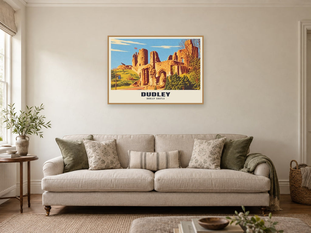 Dudley Castle Poster at A1, in a natural wood frame, in a sitting room