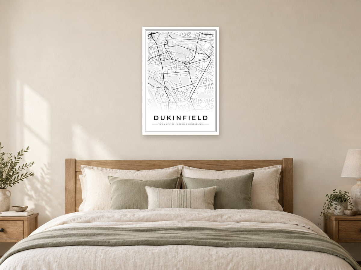 Dukinfield Town Centre Street Map Poster at A1, as a poster, above a bed