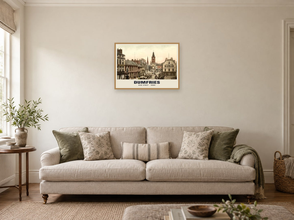 High Street, Dumfries, 1890s Heritage Print at A2, in a natural wood frame, in a sitting room