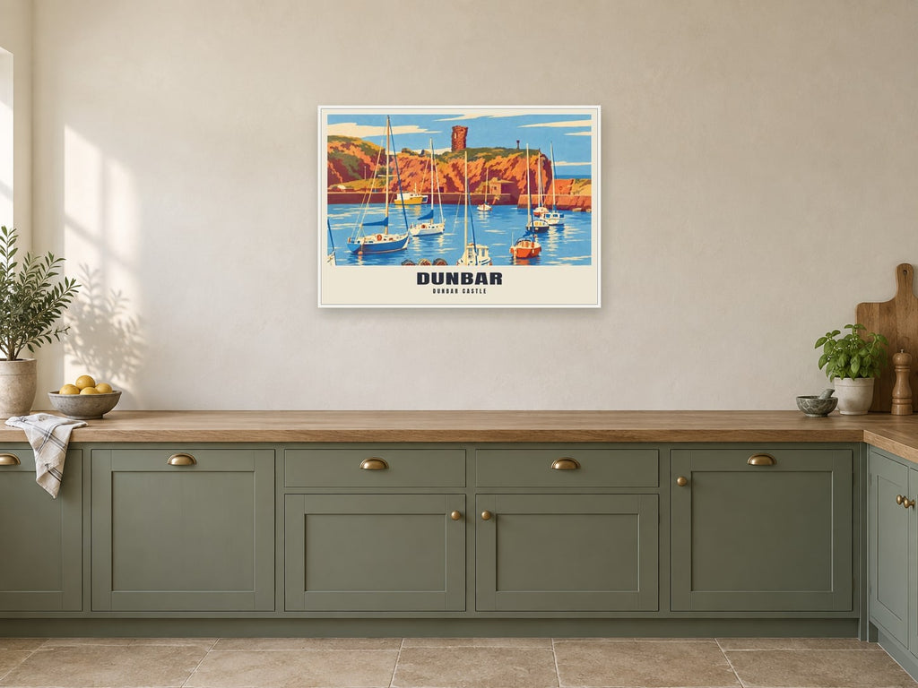 Dunbar Castle Poster at A1, in a white frame, in a kitchen