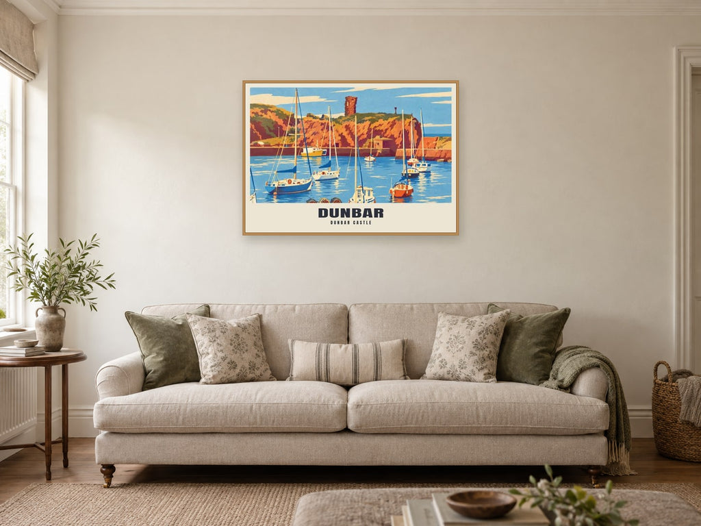 Dunbar Castle Poster at A1, in a natural wood frame, in a sitting room
