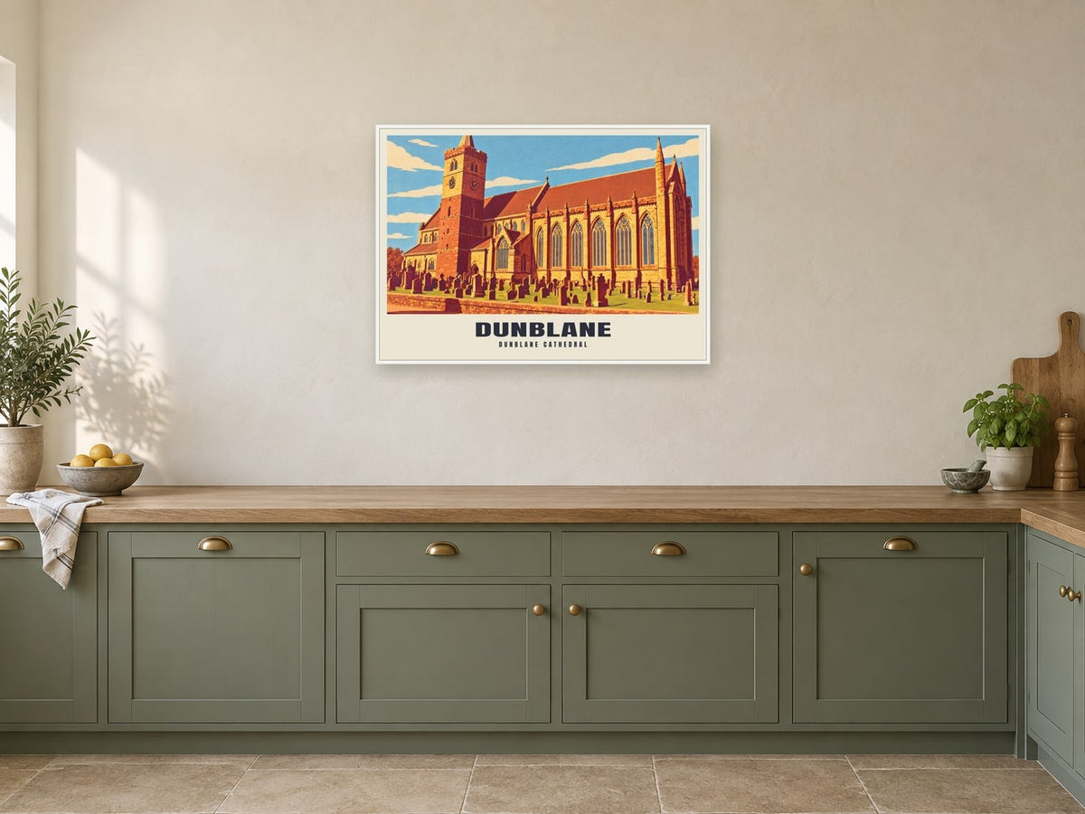 Dunblane Cathedral Poster at A1, in a white frame, in a kitchen