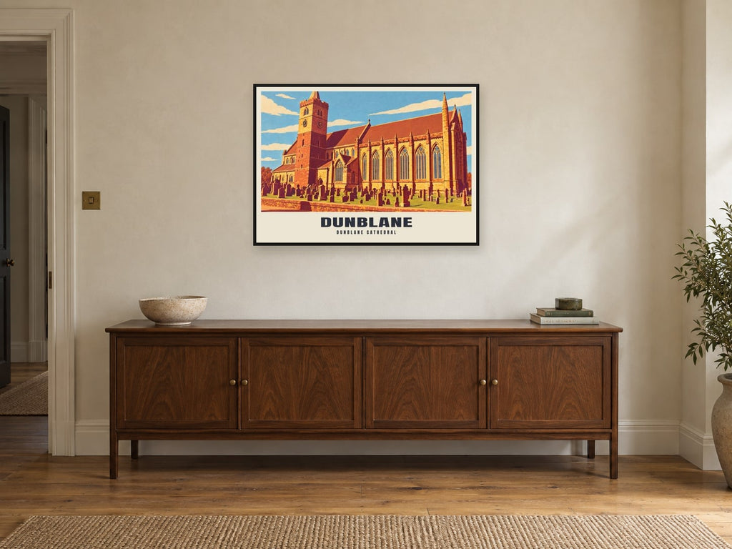 Dunblane Cathedral Poster at A1, in a black frame, above a sideboard