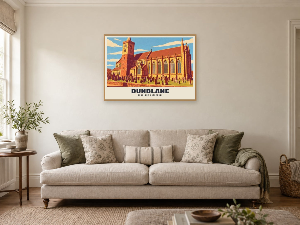 Dunblane Cathedral Poster at A1, in a natural wood frame, in a sitting room