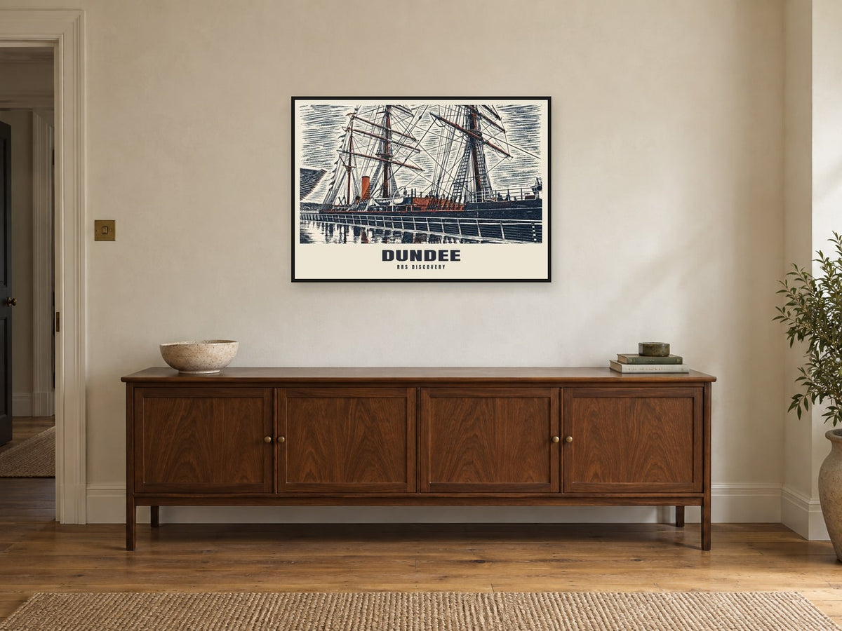 RRS Discovery, Dundee Poster at A1, in a black frame, above a sideboard