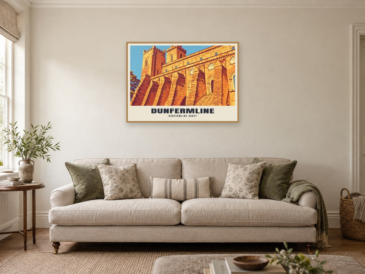 Dunfermline Abbey Poster at A1, in a natural wood frame, in a sitting room