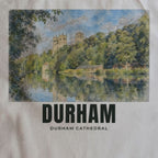 Close-up of the Durham Cathedral drawing and lettering printed on natural cotton