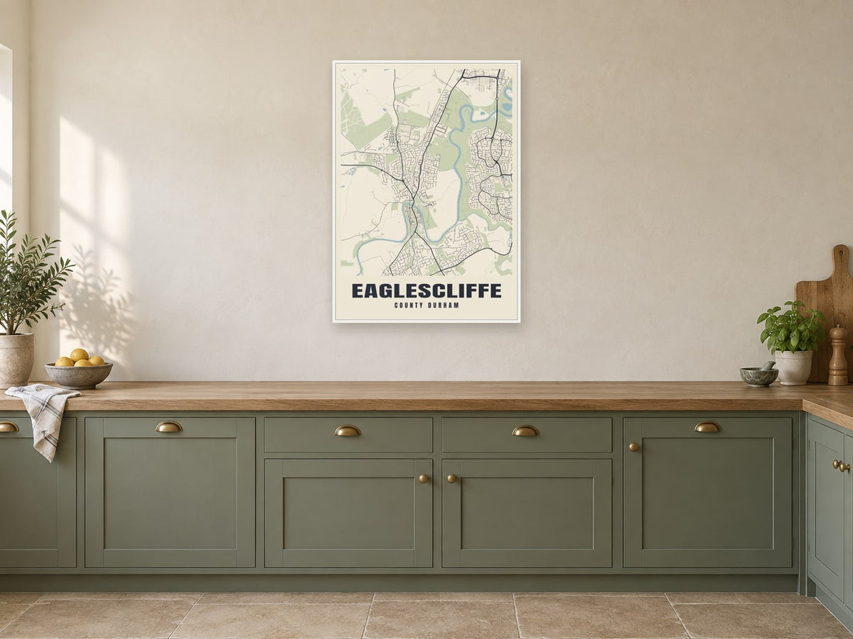 Eaglescliffe Street Map Poster at A1, in a white frame, in a kitchen
