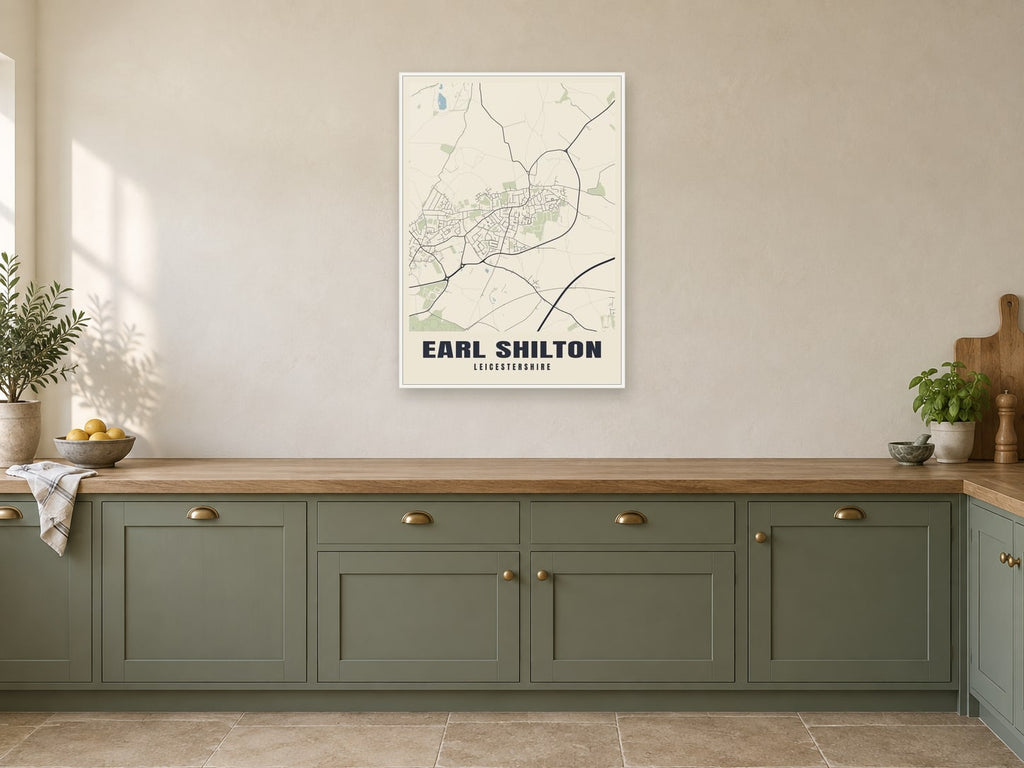 Earl Shilton Street Map Poster at A1, in a white frame, in a kitchen