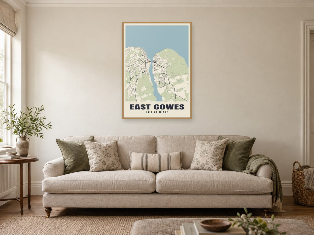 East Cowes Street Map Poster at A1, in a natural wood frame, in a sitting room
