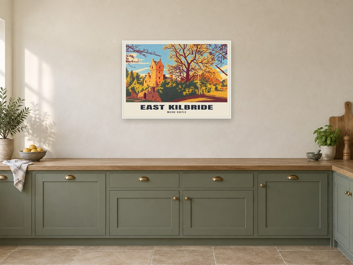 Mains Castle, East Kilbride Poster at A1, in a white frame, in a kitchen