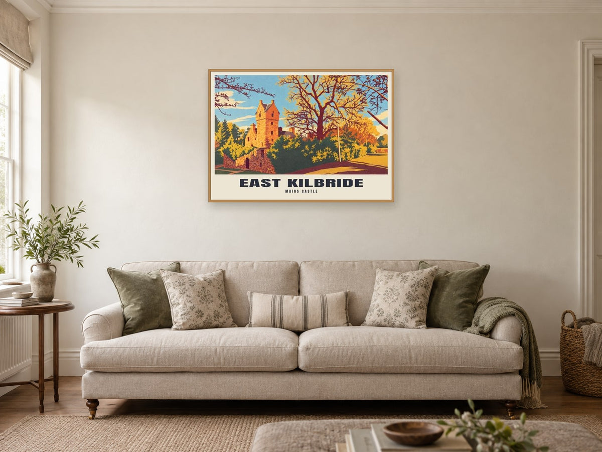 Mains Castle, East Kilbride Poster at A1, in a natural wood frame, in a sitting room