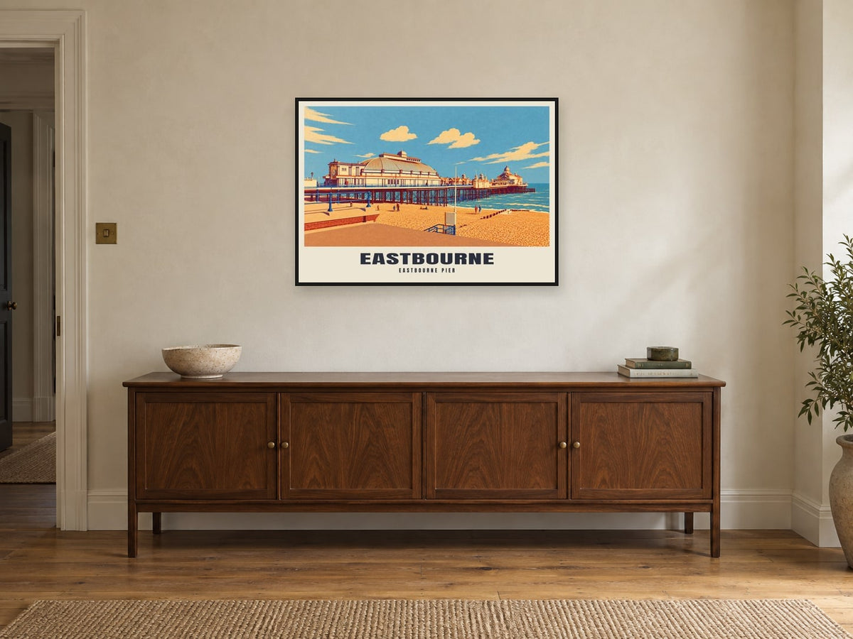 Eastbourne Pier Poster at A1, in a black frame, above a sideboard