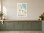 Eastham Street Map Poster at A1, in a white frame, in a kitchen