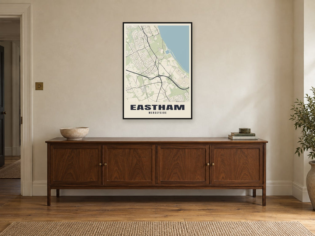 Eastham Street Map Poster at A1, in a black frame, above a sideboard