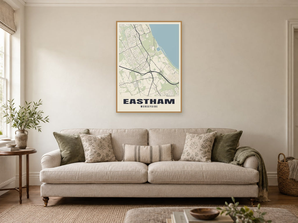 Eastham Street Map Poster at A1, in a natural wood frame, in a sitting room
