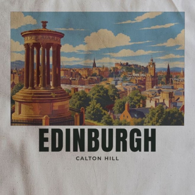 Close-up of the Calton Hill, Edinburgh drawing and lettering printed on natural cotton