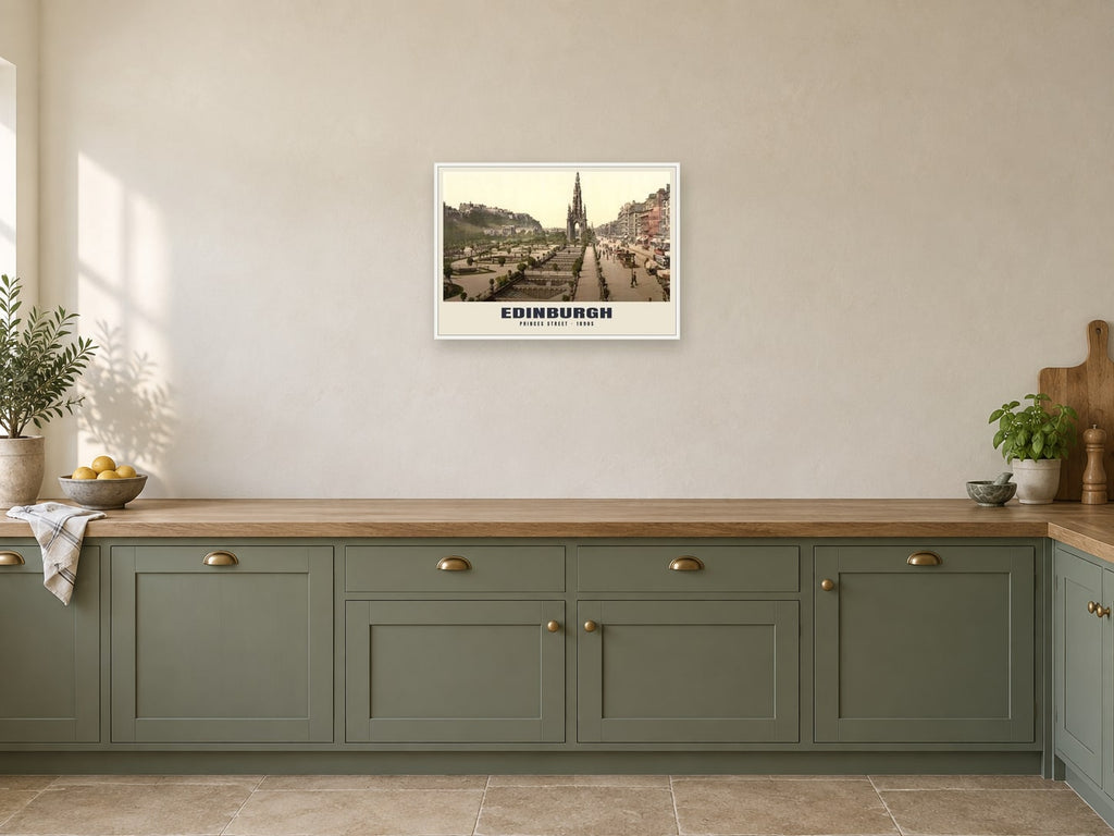 Princes Street, Edinburgh Poster at A2, in a white frame, in a kitchen
