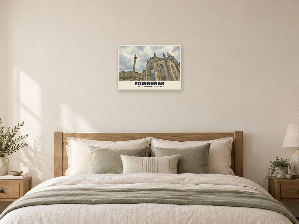 St Giles' Cathedral, Royal Mile, Edinburgh British Heritage Poster at A2, as a poster, above a bed