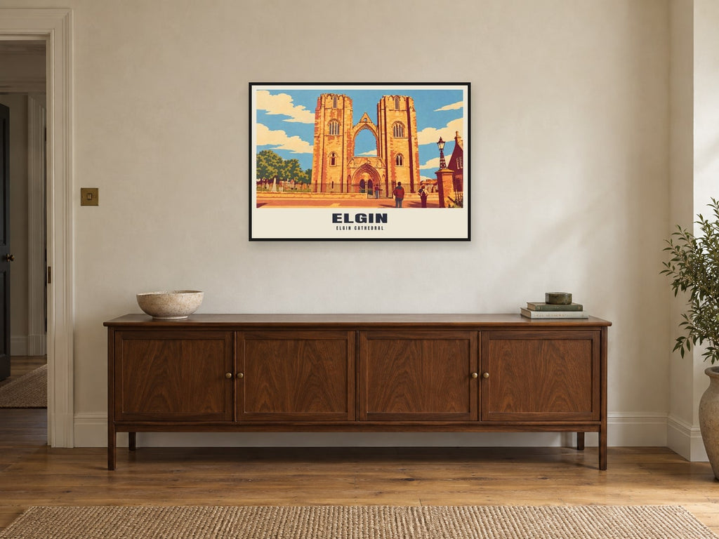 Elgin Cathedral Poster at A1, in a black frame, above a sideboard