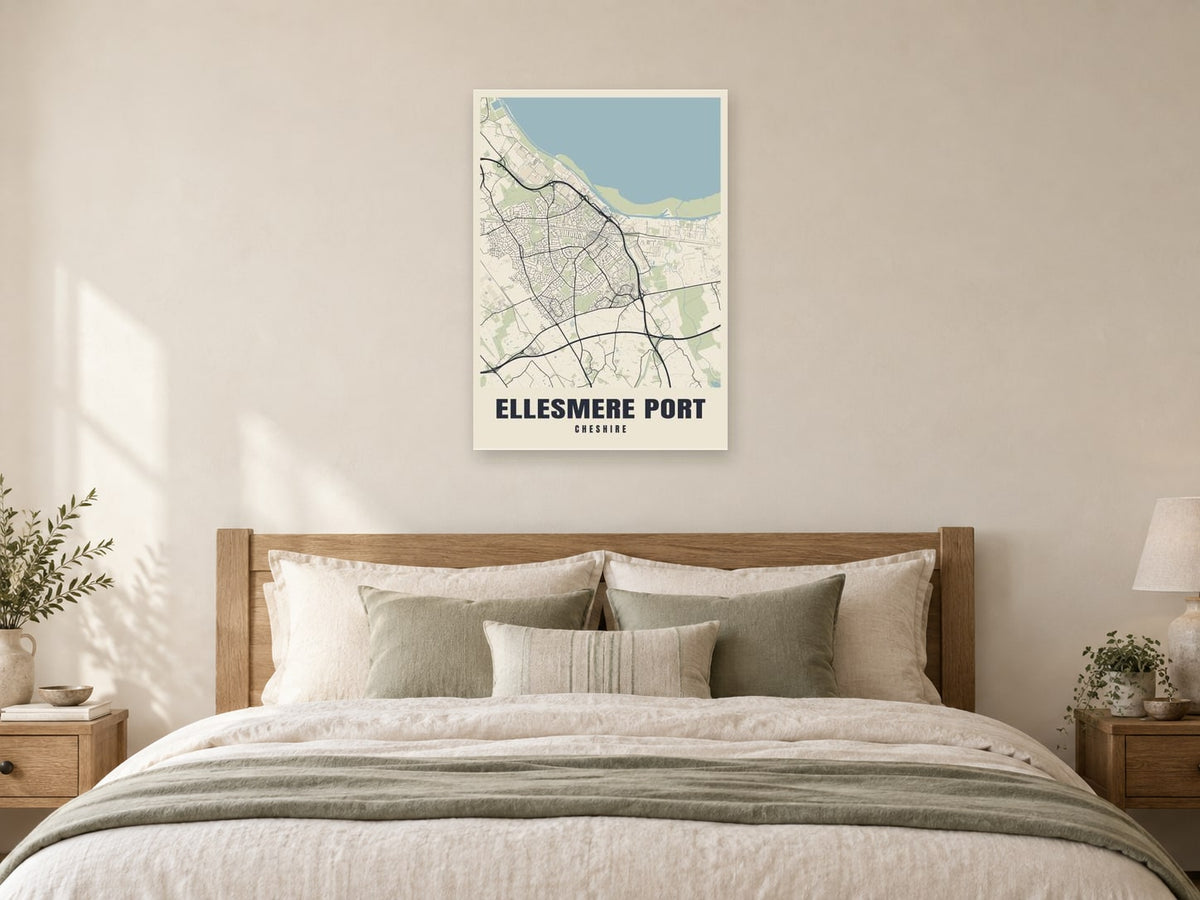 Ellesmere Port Street Map Poster at A1, as a poster, above a bed