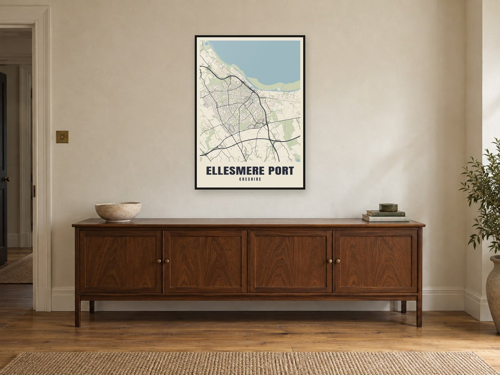 Ellesmere Port Street Map Poster at A1, in a black frame, above a sideboard