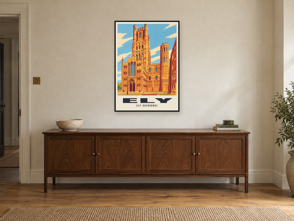 Ely Cathedral Poster at A1, in a black frame, above a sideboard