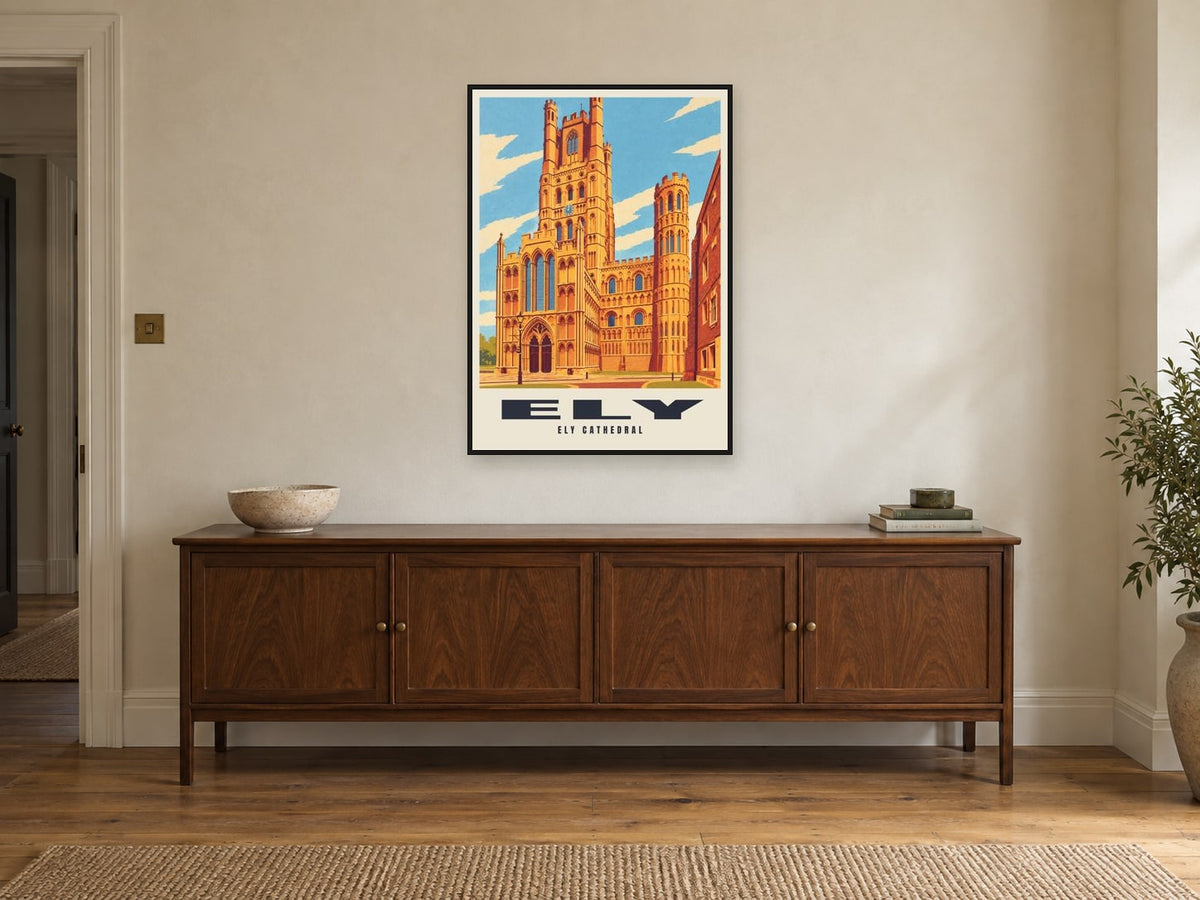 Ely Cathedral Poster at A1, in a black frame, above a sideboard