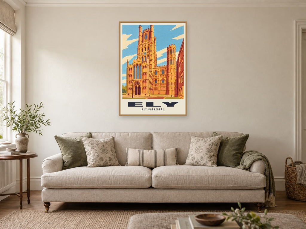 Ely Cathedral Poster at A1, in a natural wood frame, in a sitting room