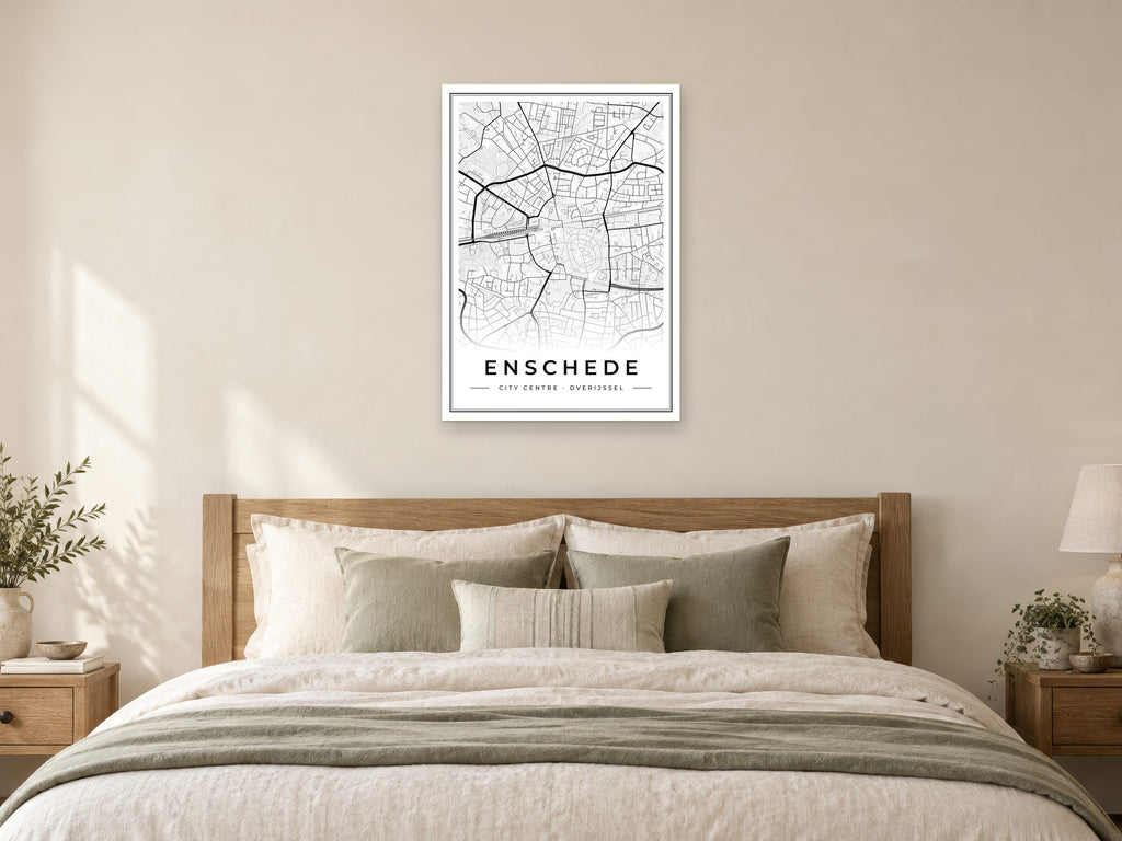 Enschede City Centre Street Map Poster at A1, as a poster, above a bed
