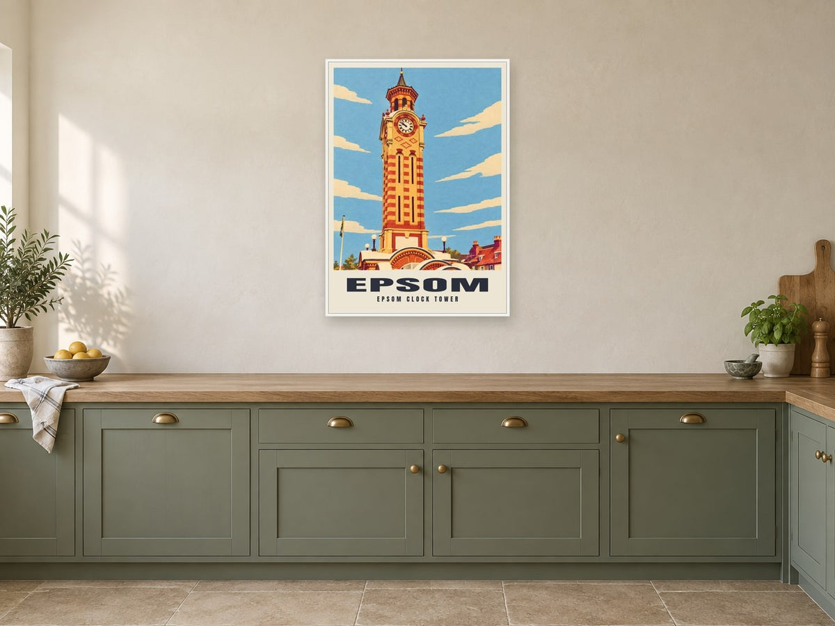Epsom Clock Tower Poster at A1, in a white frame, in a kitchen