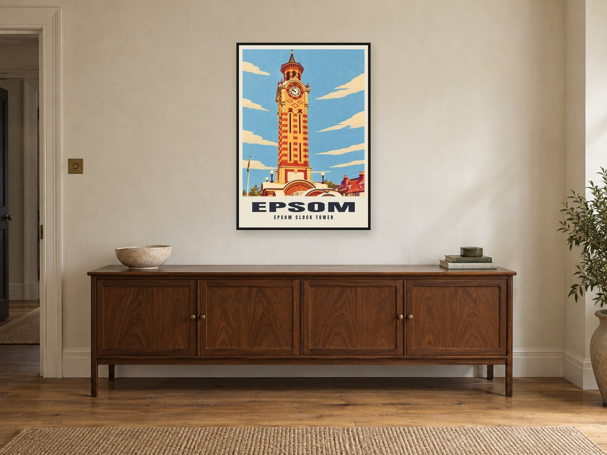 Epsom Clock Tower Poster at A1, in a black frame, above a sideboard