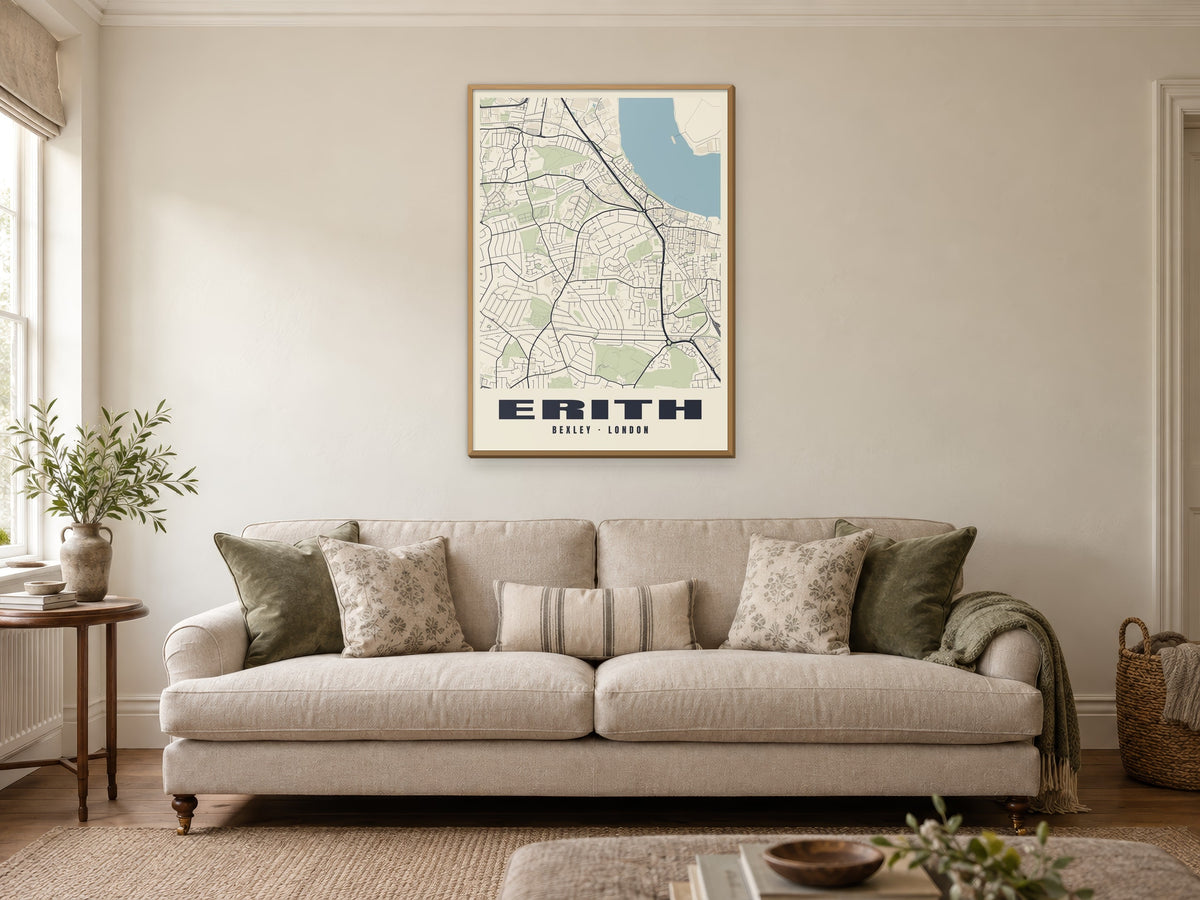 Erith Heritage Street Map Poster at A1, in a natural wood frame, in a sitting room