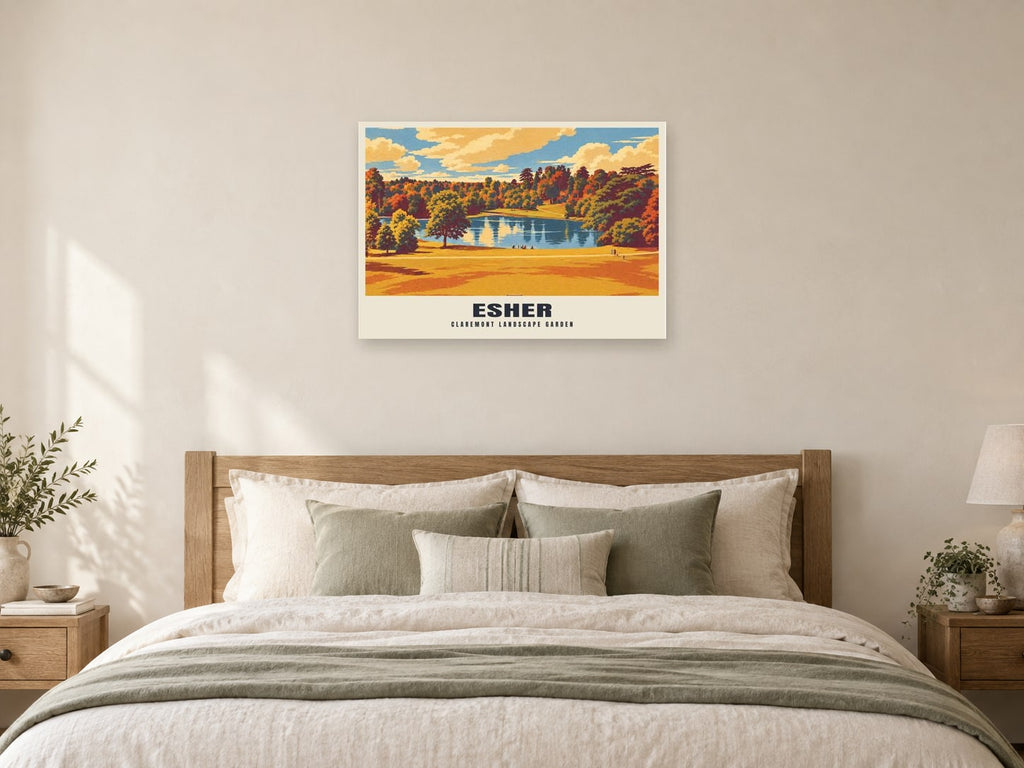 Claremont Landscape Garden, Esher Poster at A1, as a poster, above a bed