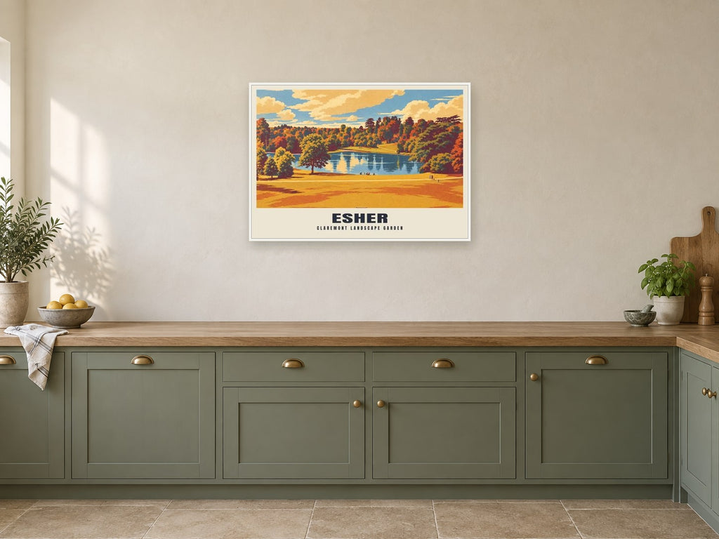 Claremont Landscape Garden, Esher Poster at A1, in a white frame, in a kitchen