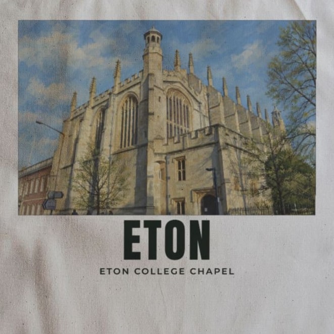Close-up of the Eton College Chapel drawing and lettering printed on natural cotton