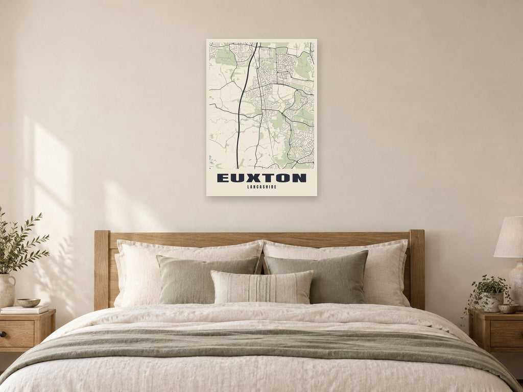 Euxton Street Map Poster at A1, as a poster, above a bed