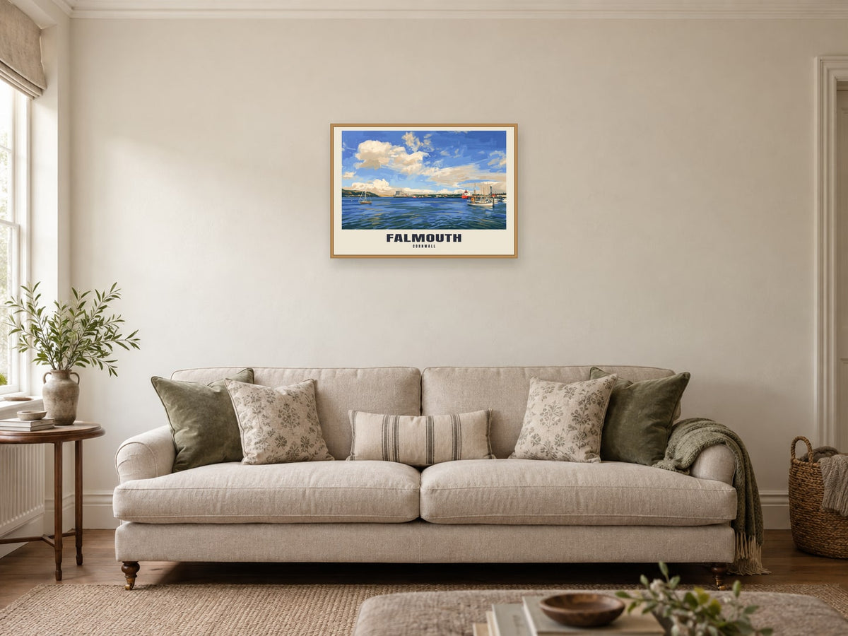 Falmouth named Gouache print at A2, in a natural wood frame, in a sitting room