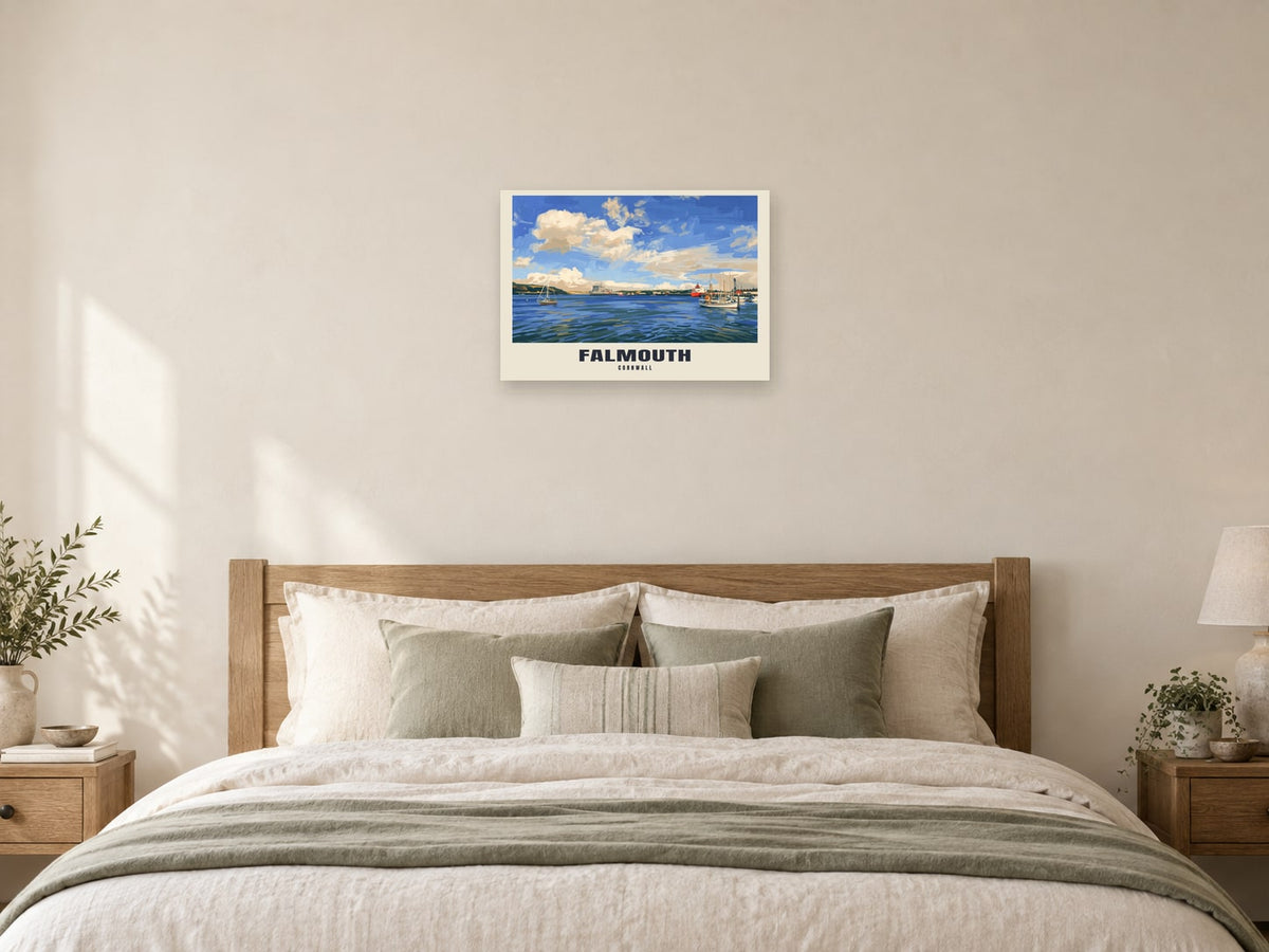 Falmouth named Gouache print at A2, as a poster, above a bed
