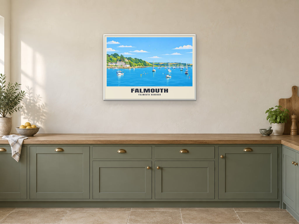 Falmouth Harbour Poster at A1, in a white frame, in a kitchen