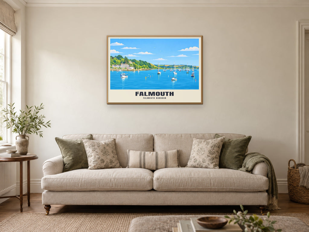 Falmouth Harbour Poster at A1, in a natural wood frame, in a sitting room
