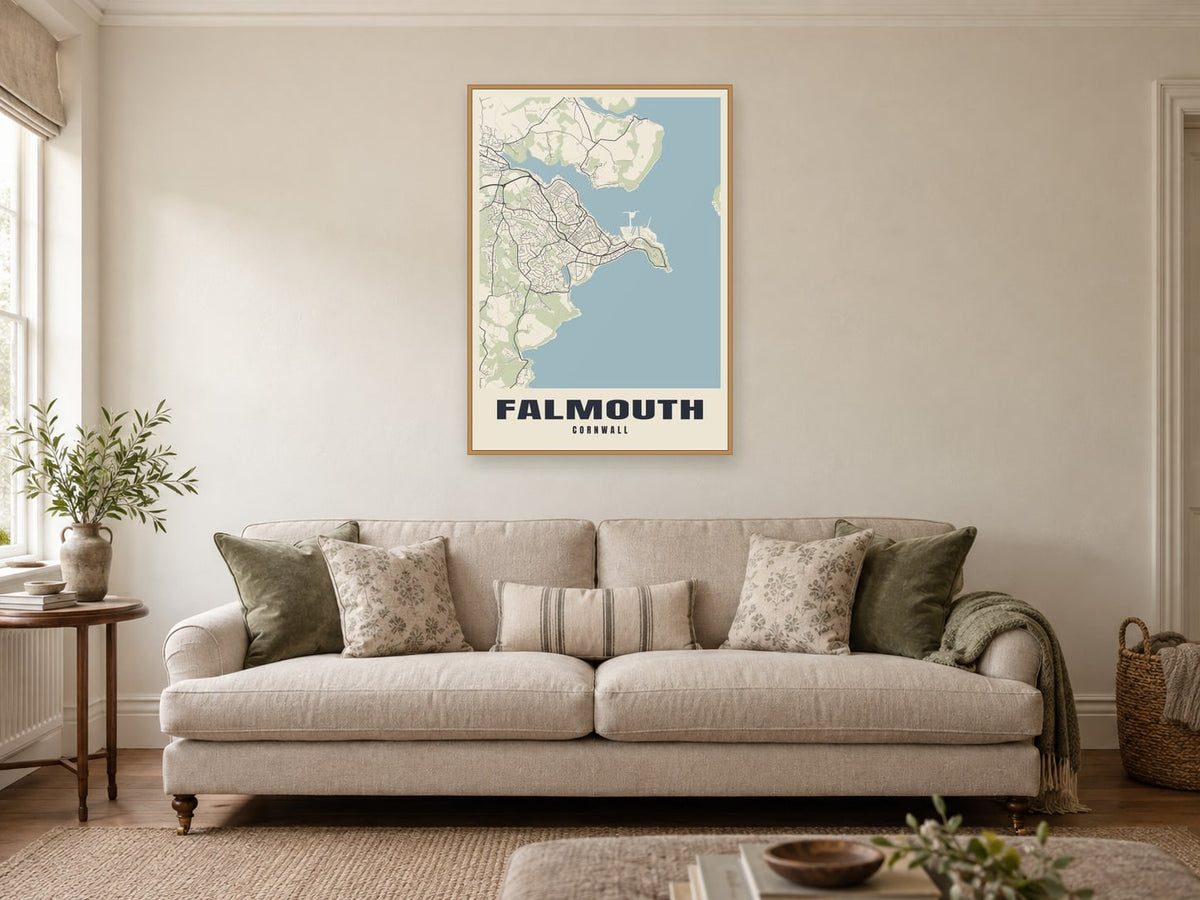 Falmouth Street Map Poster at A1, in a natural wood frame, in a sitting room