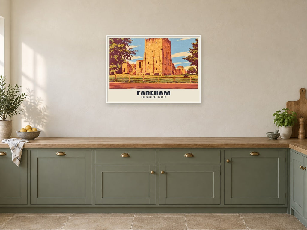 Portchester Castle, Fareham Poster at A1, in a white frame, in a kitchen
